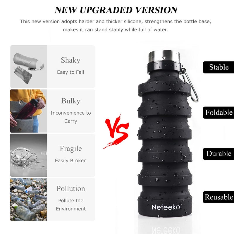 Nefeeko Collapsible Foldable Water Bottle, 27oz Reuseable BPA Free Silicone Portable Leak Proof Sports Water Bottle with Carabiner for Travel Gym Camping Hiking - Image 2